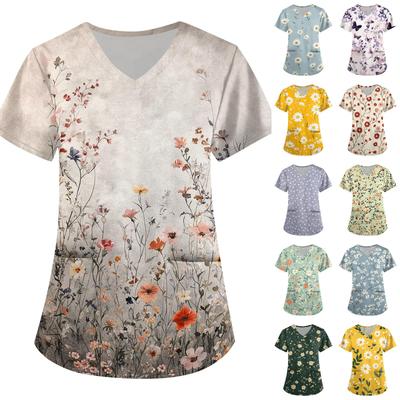 Loose Fit V Neck Floral Print Short Sleeve Medical Scrub Top with Pockets for Healthcare Professionals Nursing Uniform Workwear