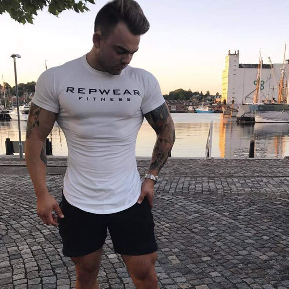MECH-ENG Men's Training Wear T-Shirt, Short Sleeve, 2-Pack, Stretch Sports Shirts for Strength Training and Fitness, Black + White, XL