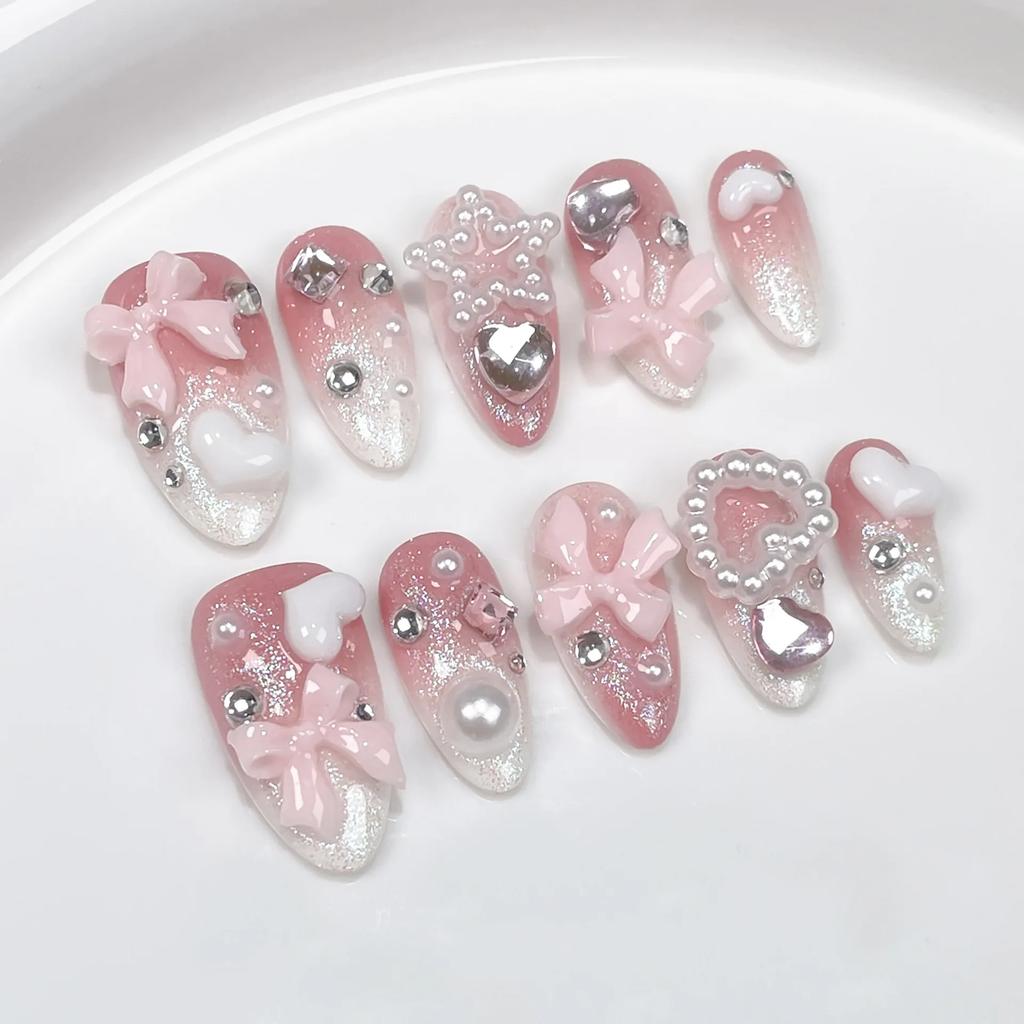 10Pcs Almond Press On Nails Handmade French Tip With Pearl Bowknot Diamond Heart Design Full Cover Fake Nail Tips
