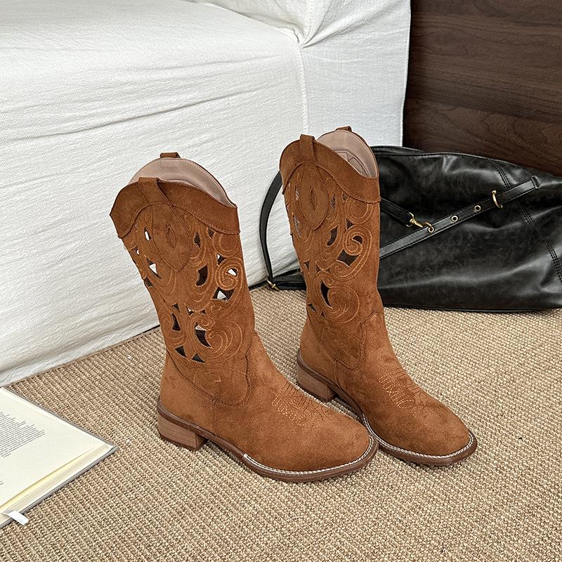 Fashion Retro Hollow Embroidered Western Cowboy Boots Women's 2025 Summer New Versatile Outer Wear Thick Heel Knight Boots