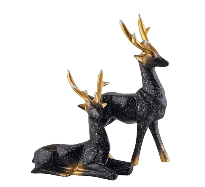 Resin Deer Showpieces For Home Décor, Hiran Statue, Black & Golden - 8.5 Inch
