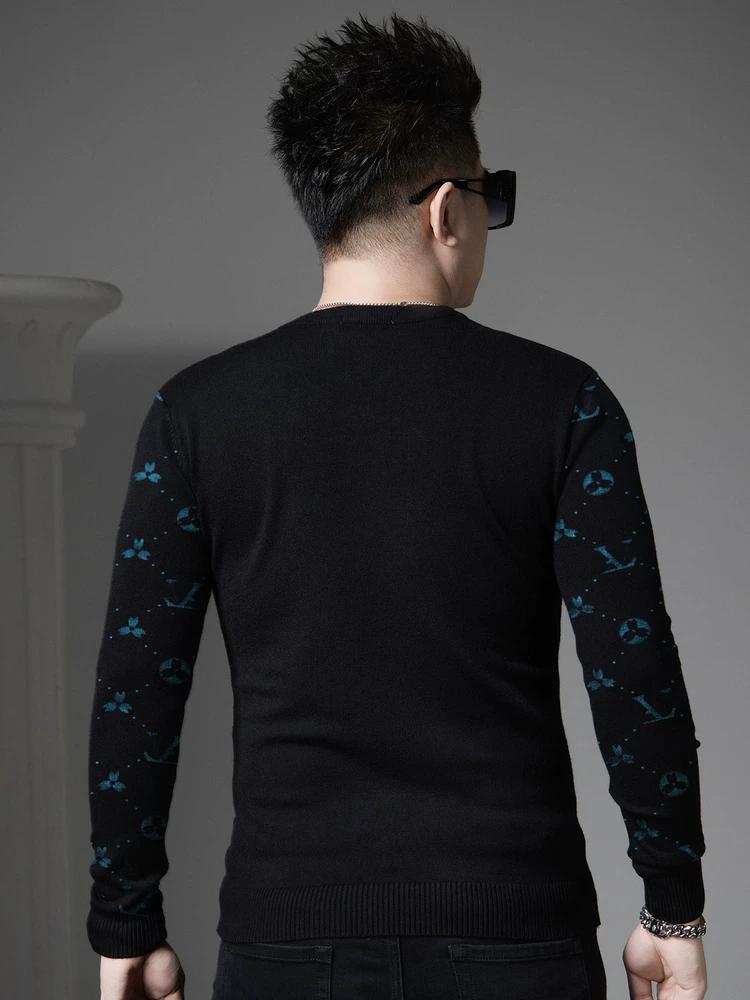 European Station 2025 New Autumn and Winter Trendy Printed Sweater for Men, Round Neck Pullover, Long Sleeve, Warm Knit Base Shirt