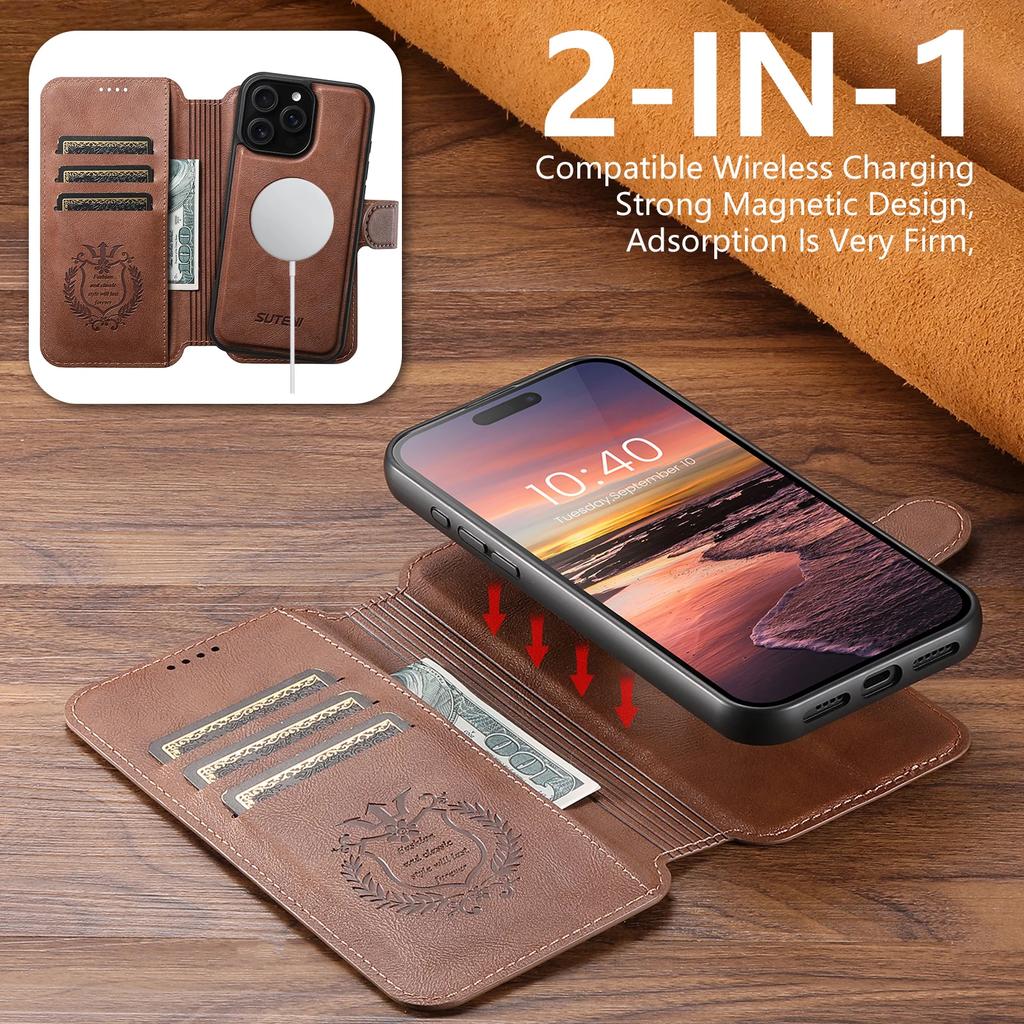 PU Leather Wireless Charging Card Holder Stand Wallet Magnetic Flip Cover Phone Case For iPhone 16 Pro Max 15 Plus 14 13
