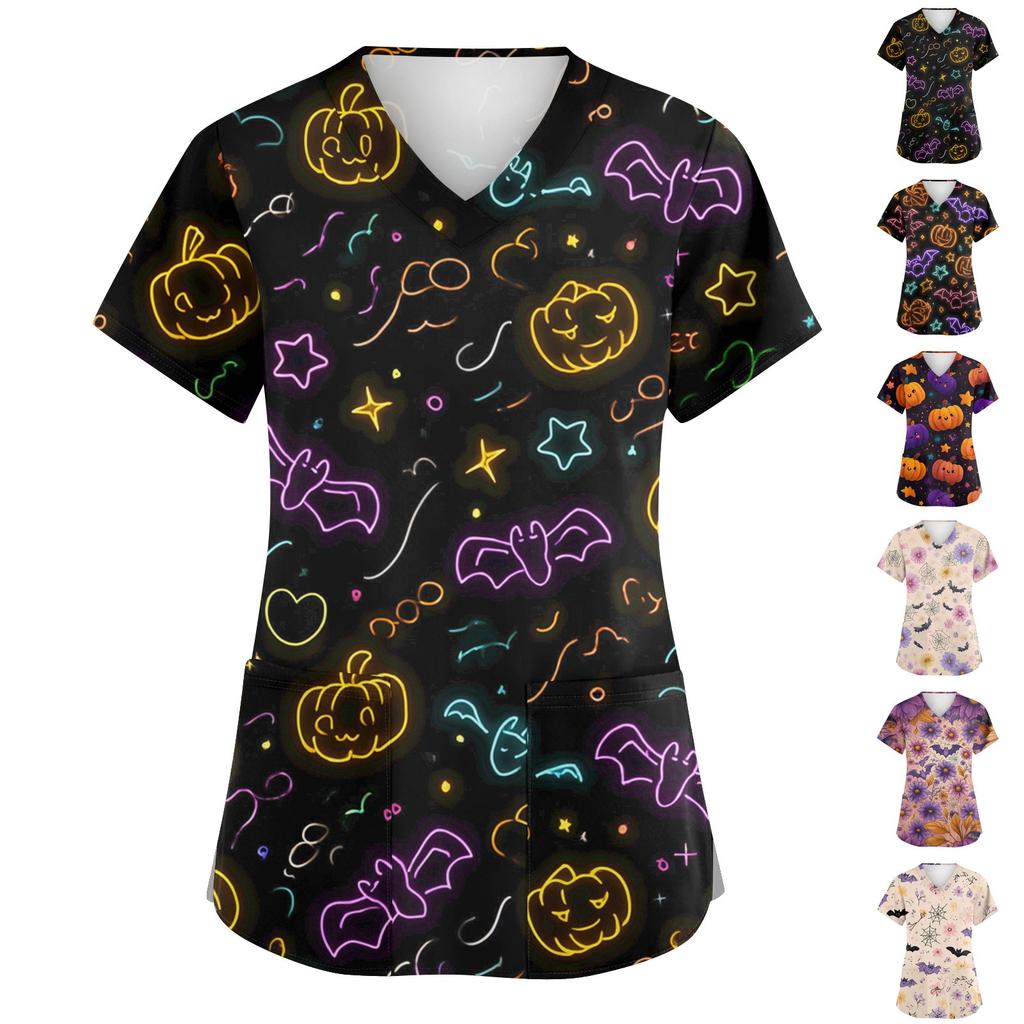 Damenmode V-Ausschnitt Kurzarm Overalls mit Taschen Print Tops Kleidung