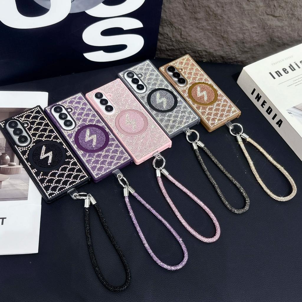 Riffel-Diamant Magnetische Handyhülle Für Samsung Z Fold 7 6 5 4 Helles Leopardenmuster PC Kristallkette Stoßfeste Schutzhülle