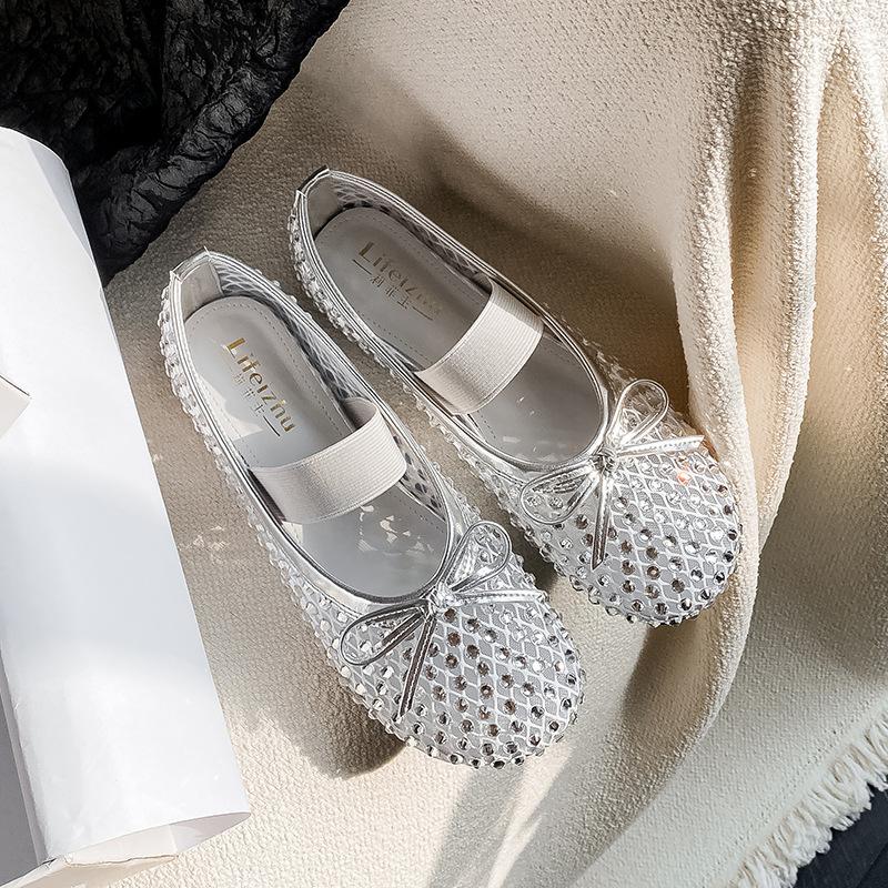 Fashion Summer Rhinestone Size 43 Shoes for Women 2025 New Comfortable Mesh Hollow Half Slippers Women Luxury Mary Jane Flat Shoes