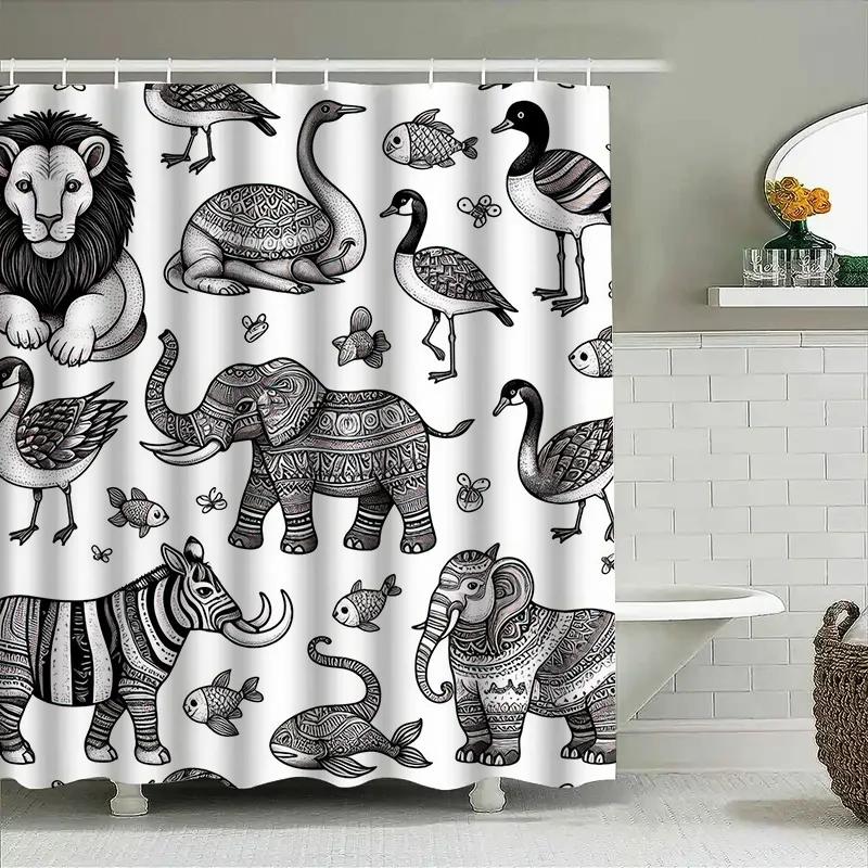 

Black White Animal Pattern Shower Curtain Home Decor Bathroom Waterproof Fabric Print For Kids Bath Rug Mat Size 72 X 78 Inches W60H190(CM)-1 Pcs