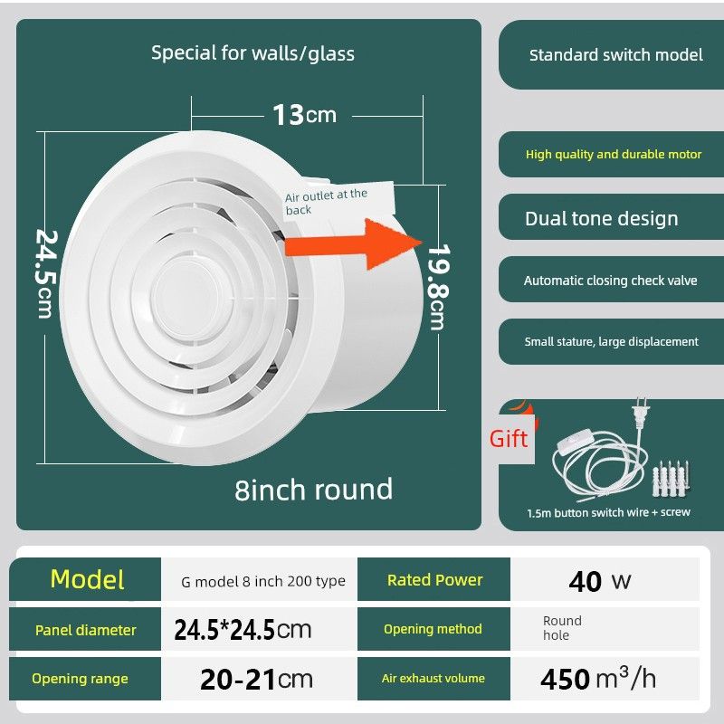 Powerful Silent Bathroom Exhaust Fan for Home Use, Dual-Direction Wall-Mounted Toilet Extractor Fan, Kitchen Air Intake Fan