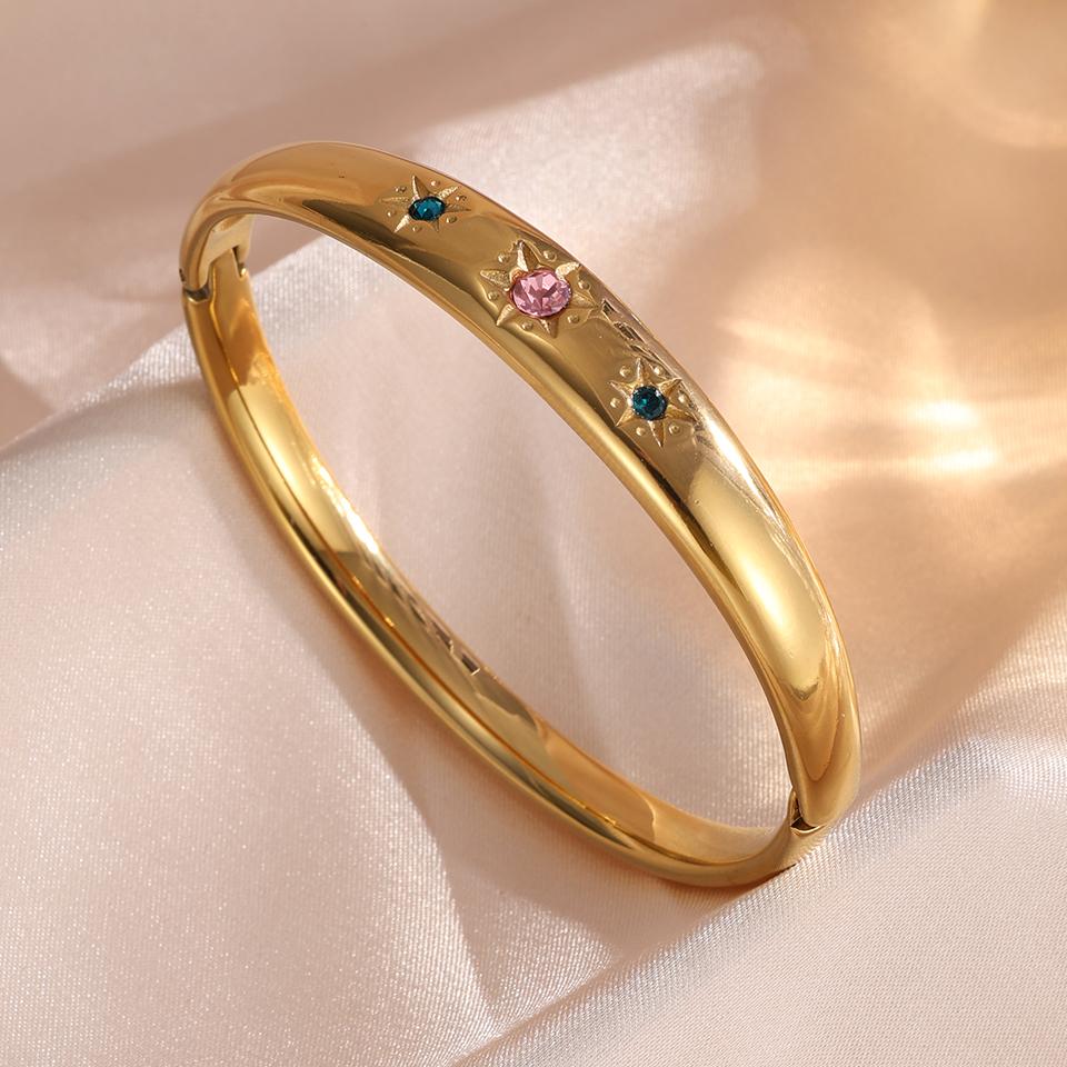 

ZAKOL Роскошный цвет 18К золота Нержавеющая сталь Открытые браслеты Инкрустированные разноцветным цирконом Очаровательный Водонепроницаемый Женский циркон Подарок