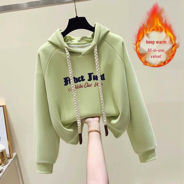 

Women s Chic Autumn & Winter Green Hooded Sweatshirt - Stylish, Hot-Selling, Plus Velvet, Casual Loose Fit Outerwear L зелёный