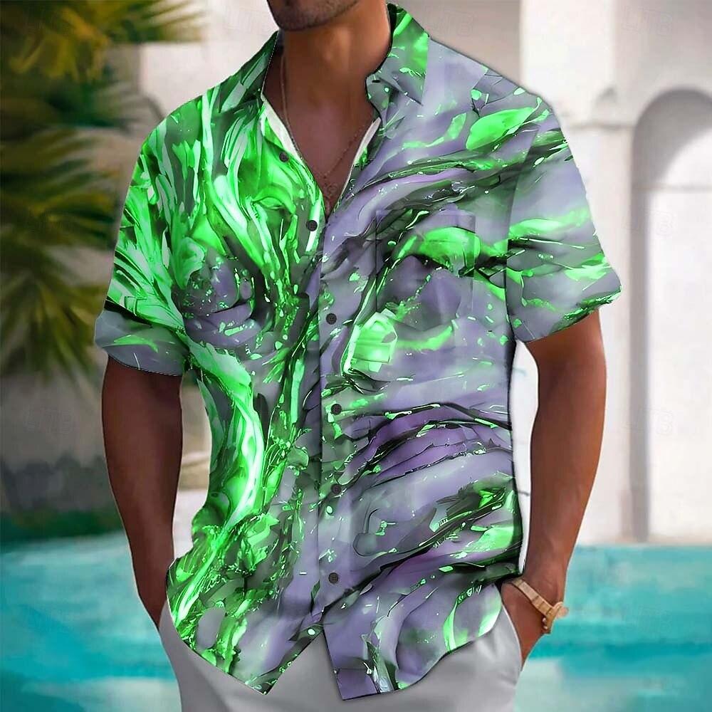 Men's Geometric Marble Abstract Liquid Art Shirt Summer Hawaiian Button Up Shirt Aloha Shirt Short Sleeve Front One Pocket