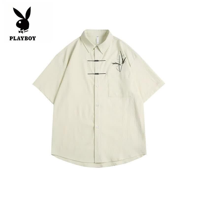 PLAYBOY Men s New Chinese Style Bamboo Embroidery Short Sleeve Shirt XL абрикосовый