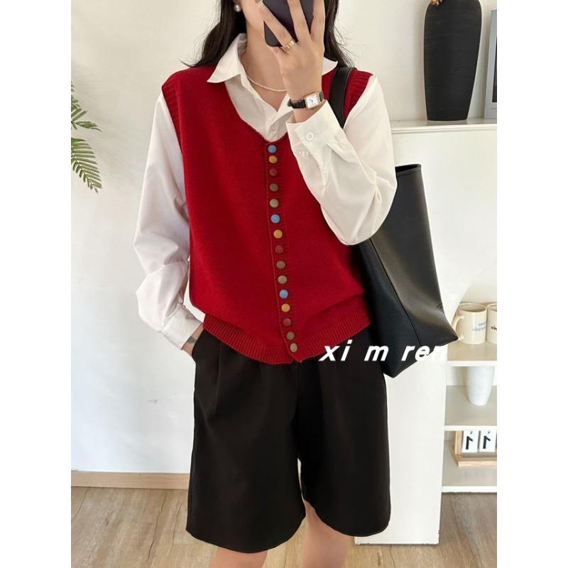 Premium single-breasted knitted vest women's spring autumn and winter retro loose vest sleeveless top fashionable versatile vest