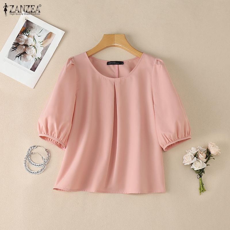ZANZEA Blusa Casual da Donna a Manica Corta Girocollo Tinta Unita