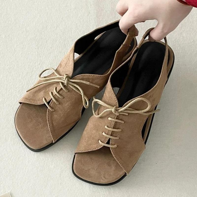 Fashion Retro Roman Style Flat Sandals Women Brown Faux Suede Lace Up Designer Shoes Comfort Open Toe Soft Sole Beach Shoe Zapatos Mujer