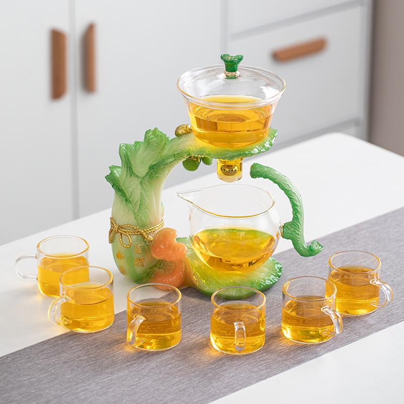 1 set of magnetic lazy tea set - creative cabbage shape, automatic glass teapot, tea cup, tea can, tea tray Chinese Kung Fu tea