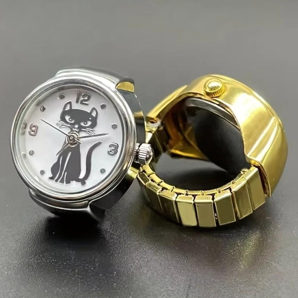 Round Finger Ring Watch Gold Cat Dial Clock Punk Quartz Watch  Clothes Accessories
