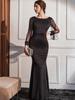 Elegant European Mesh Beaded Long Sleeve Hepburn Style Evening Party Gown