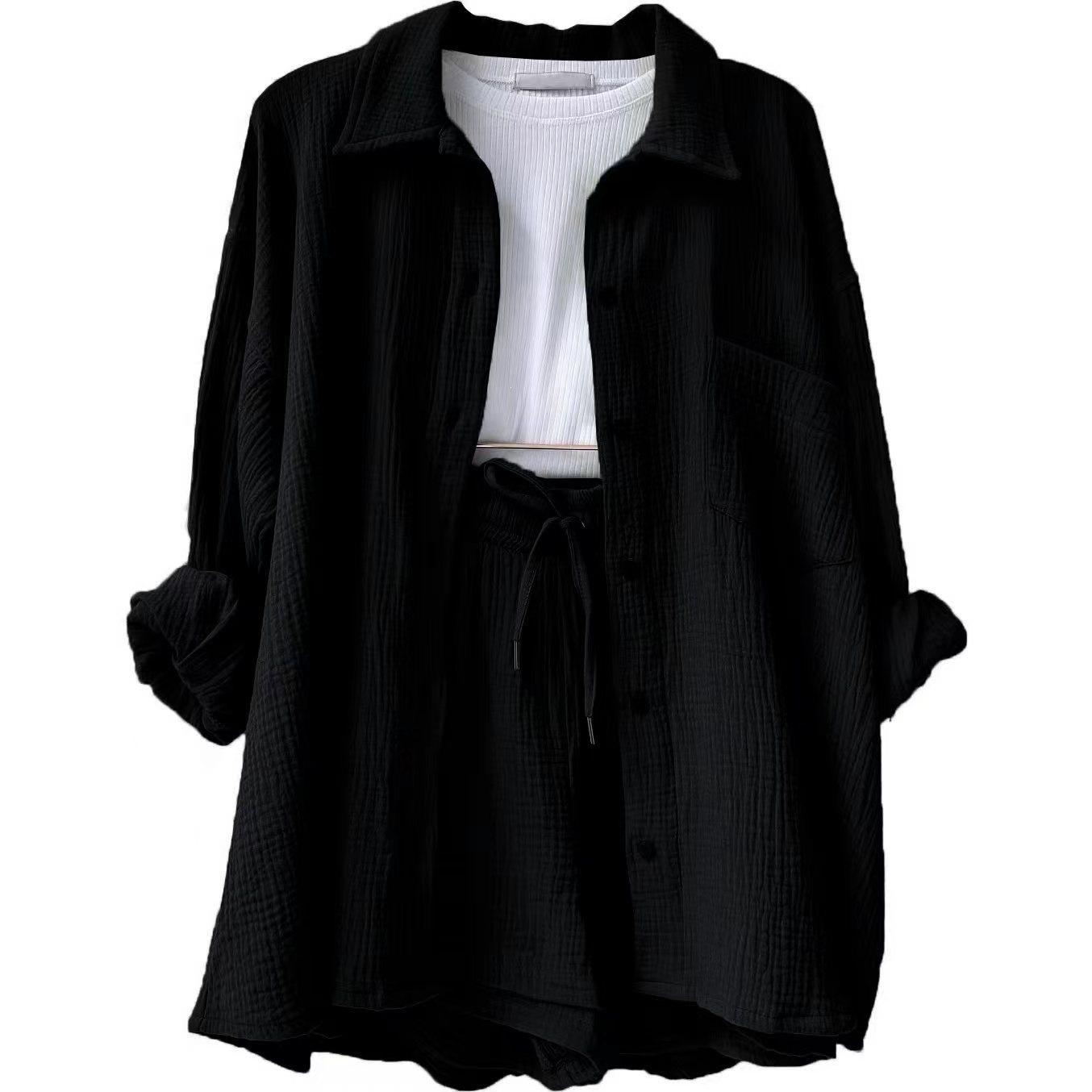 European and American women s clothing two-piece set, wrinkled cloth lapel collar long-sleeved shirt high waist drawstring shorts large size fashion S чёрный