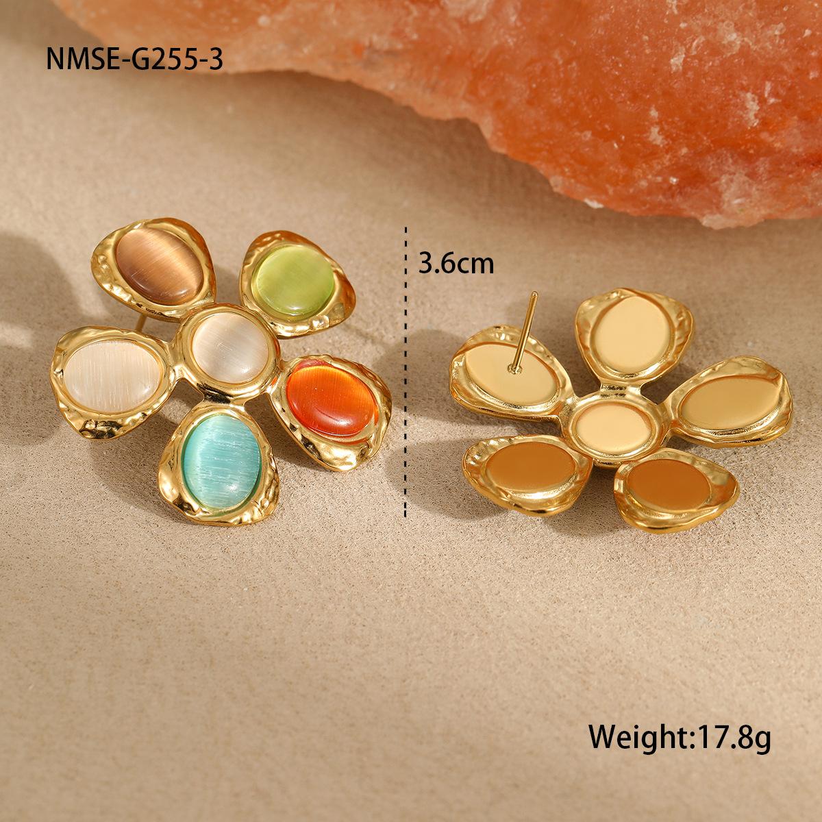 GEMCHIC Women s 18K Gold Plated Stainless Steel Flower Earrings with Cat s Eye Stone Hammered Texture Vintage Retro Style