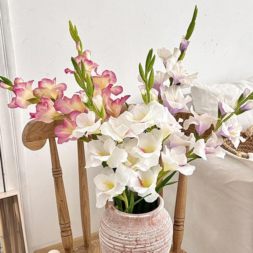 Creative Multicolor Gladiolus Artifiical Flower Silk Petal Green Leaves Simulation Flower Ornament Photo Props Faux Flower Gift