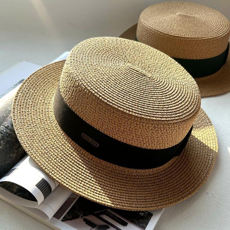 Flat top hat women's summer vacation seaside Panama hat flat edge French beach hat braided sunshade sunscreen top hat