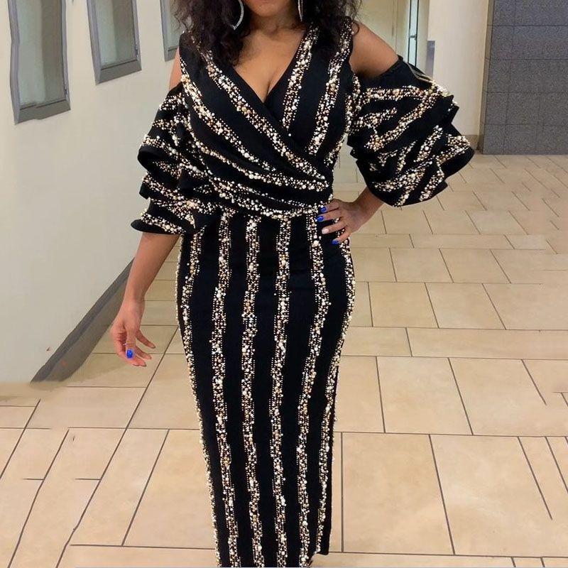 Evropské a americké sexy černé šaty se sexy výstřihem do V a rozparkem střední délky na podzim/zimu 2020