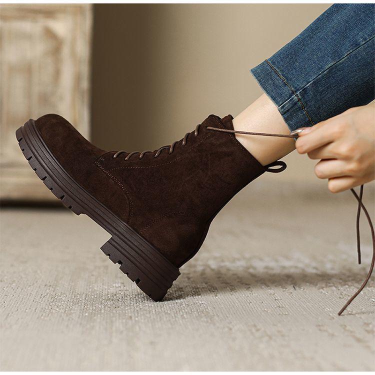 Vintage Suede Matte Round Head 2025 Autumn and Winter New Lace-up Martin Boots Women's British Style Thick-soled Thick-heeled Short Boots