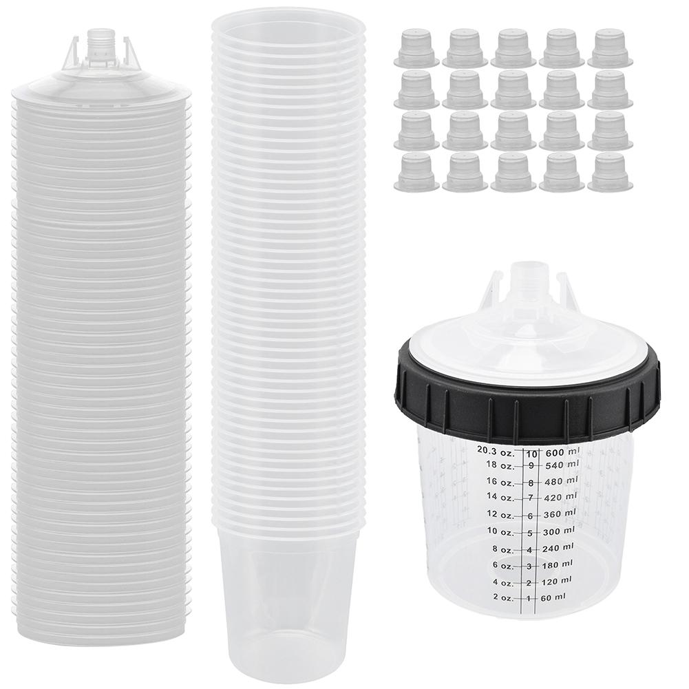 

Paint Spray Gun Cup Liners and Lid System Disposable 50 Cup Liners 50 Lids with Strainer HVLP Paint Spray Paint Gun 20 Ounce Kit білий