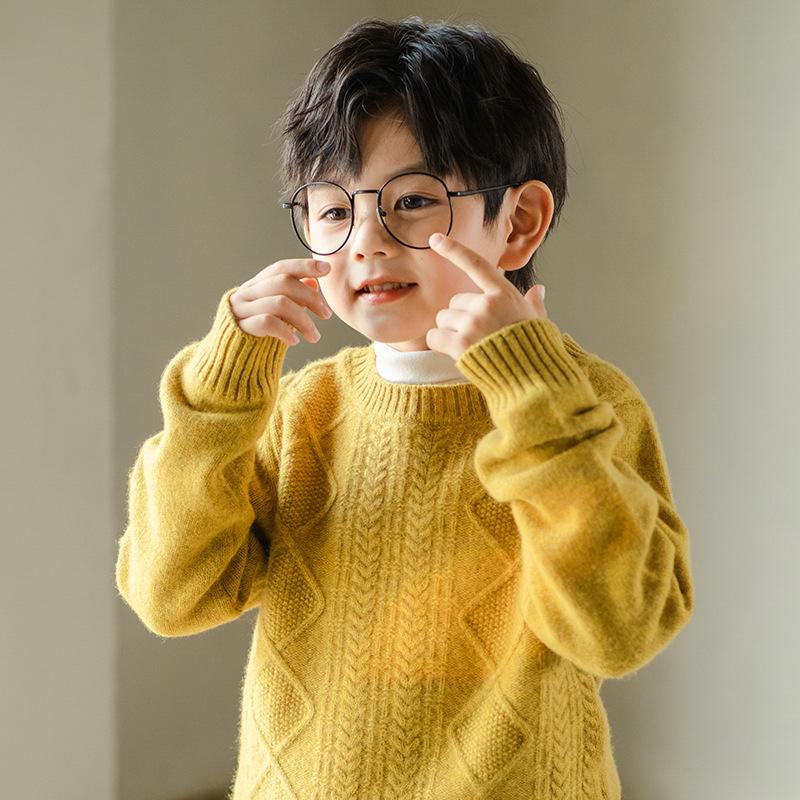 Children's 100% Wool Cable Knit Sweater - Unisex Round Neck for Autumn/Winter