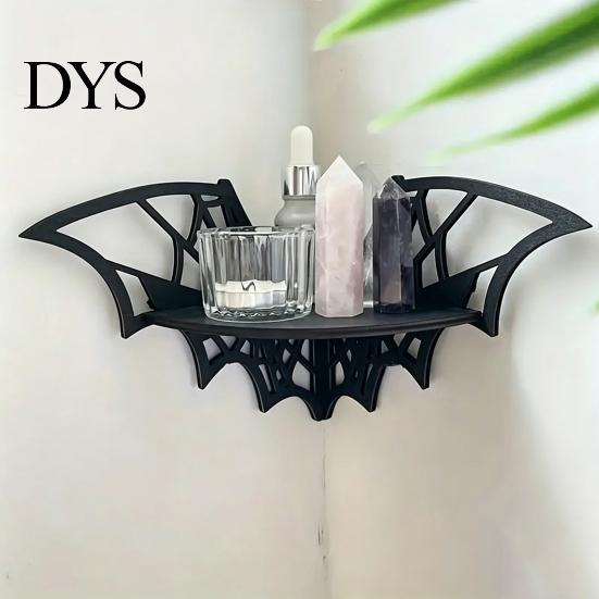 Crystal Holder Shelf Halloween Bat Corner Shelf, Decorative Wooden Wall Mount Display Shaped Spiderweb Design Gothic Floating Rack for Home, Bedroom,