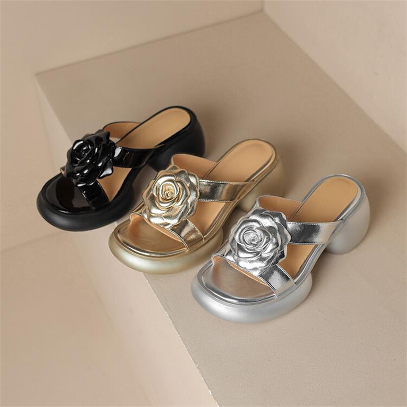 Fashion outerwear thick-soled Roman slippers soft leather one-character flower sandals thick heel muffin bottom gold open-toed sandals