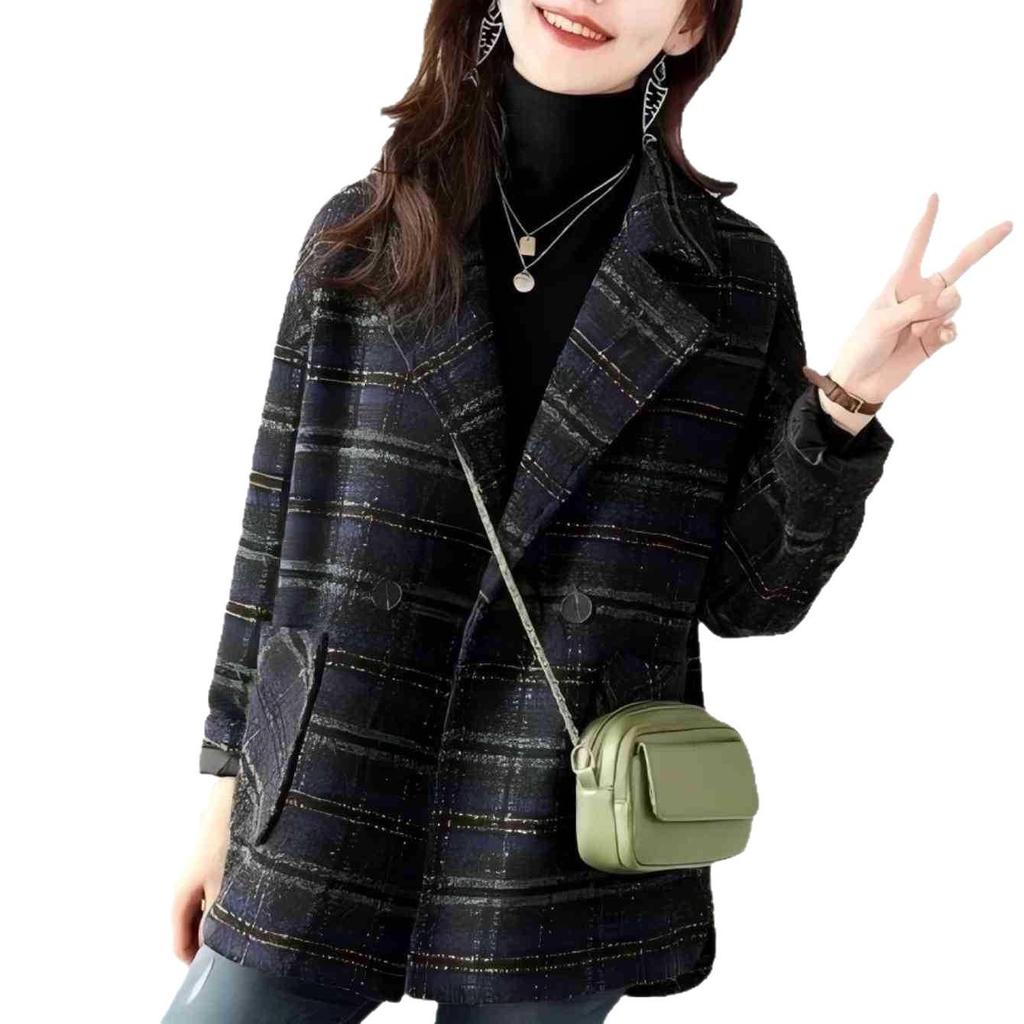 2025 Women's Mid-Length Plaid Wool Coat - Retro Loose Fit for Autumn/Winter