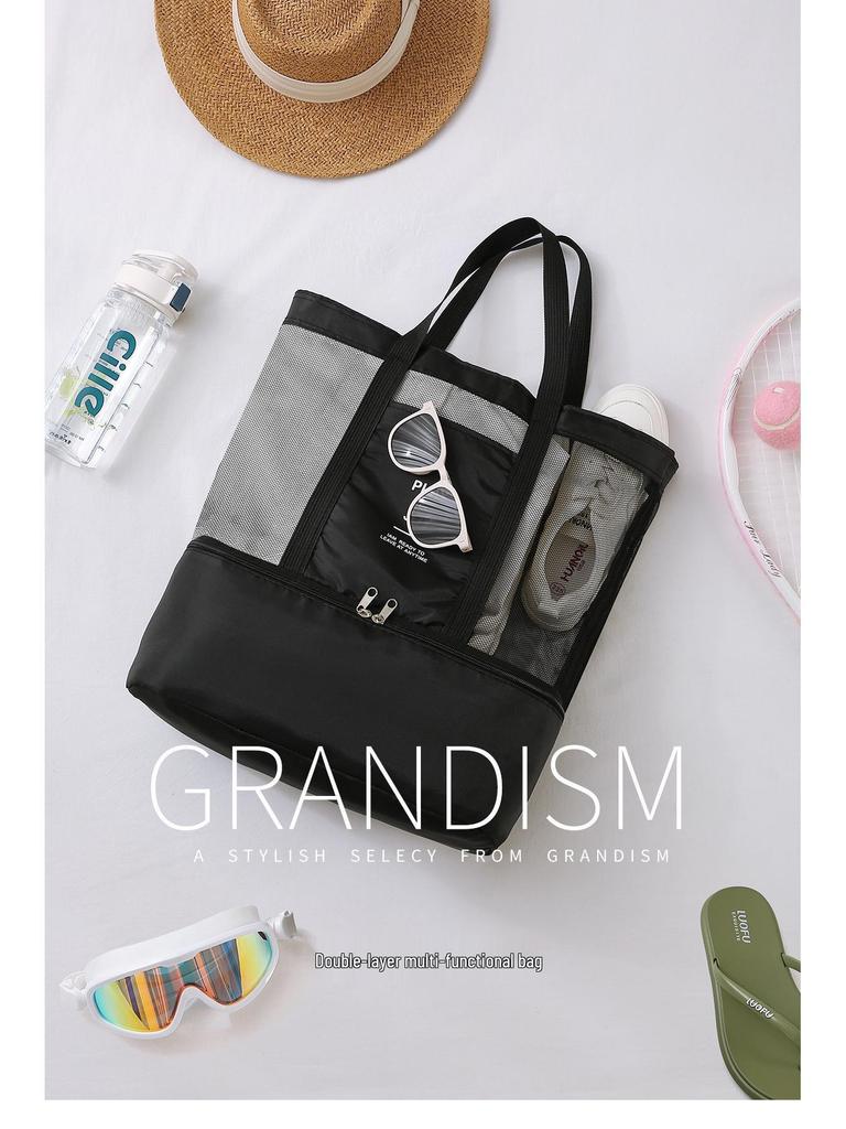 Waterproof Mesh Beach Bag, Large Capacity, Dry/Wet Separation, Double Layer, Portable Picnic Bag, Multifunctional and Simple Design.