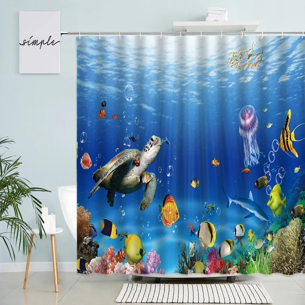 Dolphin Shark Shower Curtain Coral Tropical Fish Sea Turtle Underwater World Landscape Modern Children Bathroom Curtains Decor
