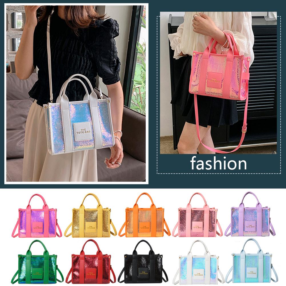 Women Party Tote Bag PU Leather Sequins Top-Handle Bags Casual Fashion Shiny Portable Adjustable Straps Shopper Tote Purse