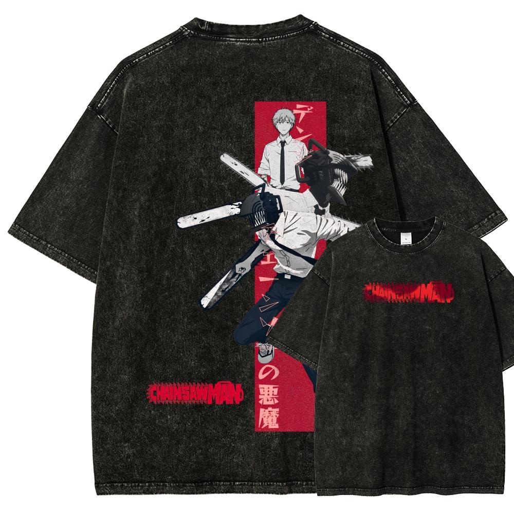 Chainsaw Man Anime Lover Washed T-shirt Year Round Clothing High Quality Personality Clothes Plus Size Unisex New Model Couples Tee