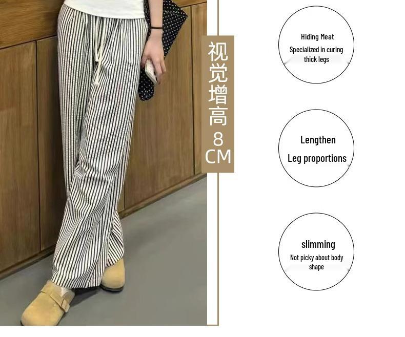 Petite High-Waisted Black & White Striped Wide-Leg Drawstring Pants
