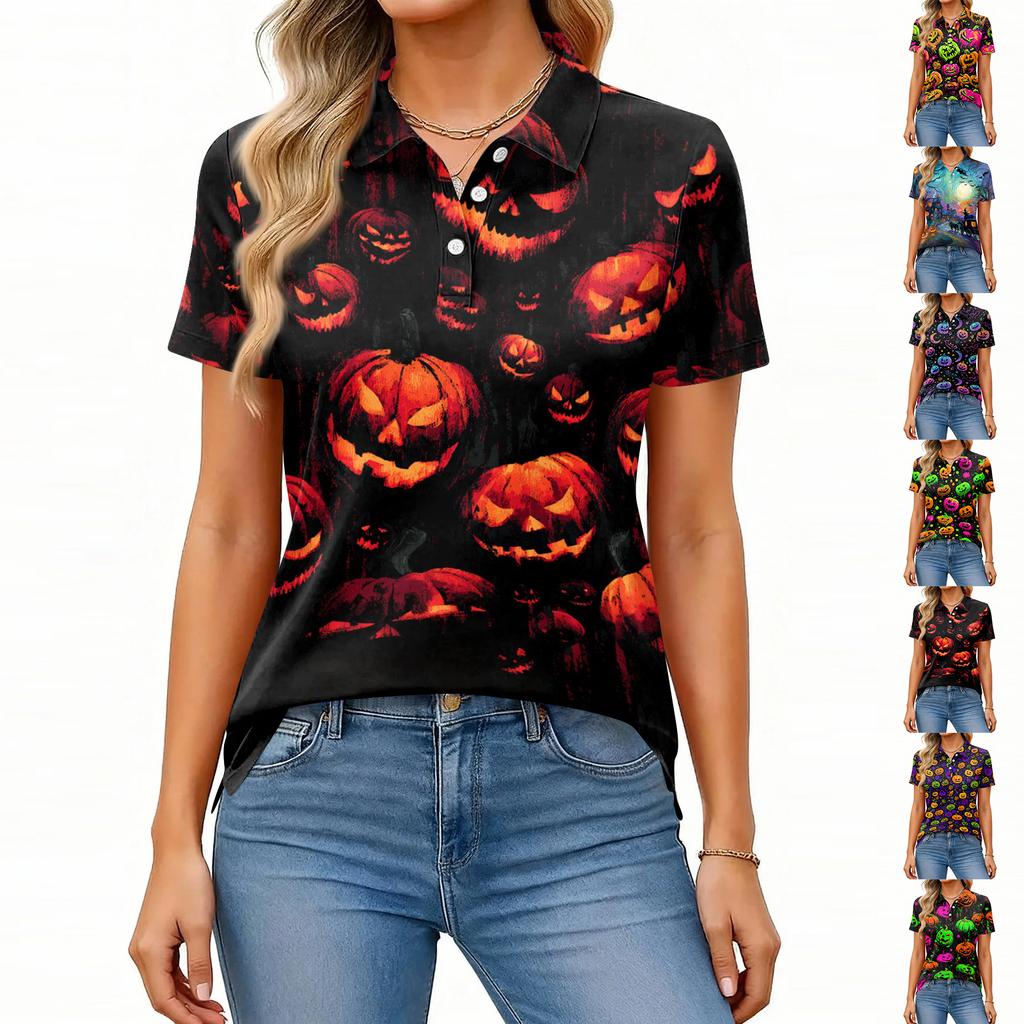 Women's Fashion Casual Button Front Short Sleeve Halloween Print Polo Shirt with Side Slits Lightweight Breathable Top