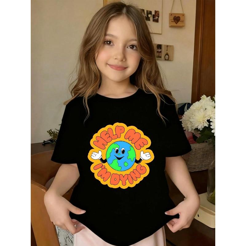 European Size Girls Round-neck Short-sleeved T-shirt with Cartoon Earth Pattern Print 98cm чёрный