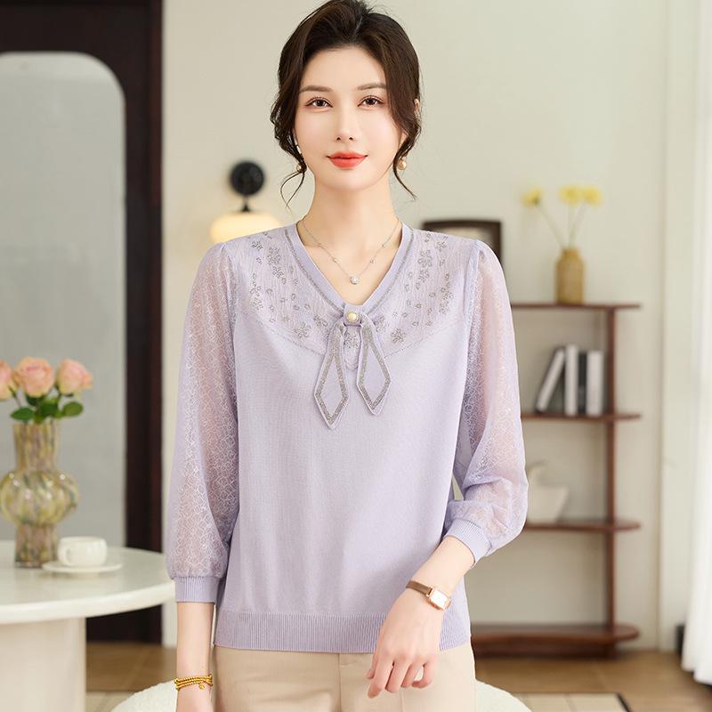 Spring V-neck Knit Top with Gauze Sleeves for Middle-aged and Elderly Women, Long-sleeved, Stylish, Age-Reducing Base Layer Set