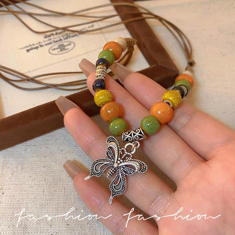 Butterfly color beaded necklace women s retro literary temperament sweater chain collarbone chain with jewelry