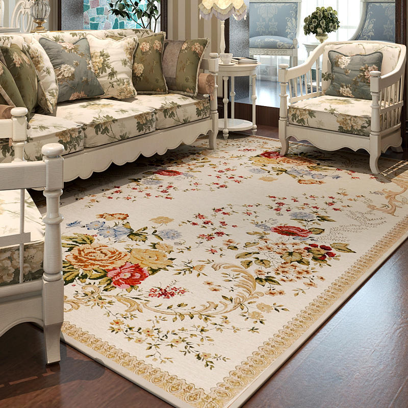 European Light Luxury Soft Carpet Pastoral Style Living Room Bedroom Decorative Carpet Vintage Floral Pattern Large Area Rug