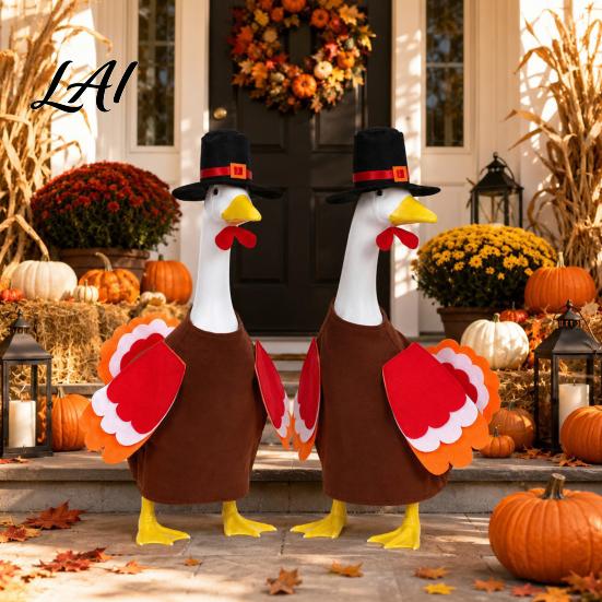 Thanksgiving Garden Goose Outfit 1 Set Turkey Outfit Porch Costume with Top Autumn Harvest Yard Decoration Hat And Wings for 23 Inch Statue,