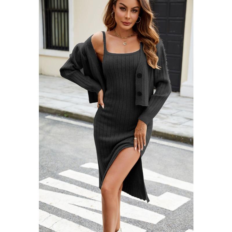 

Вязаное платье осень-зима из двух частей, однотонный кардиган с халтером, вязаный комплект с длинными рукавами, удобный, универсальный и модный XL чёрный