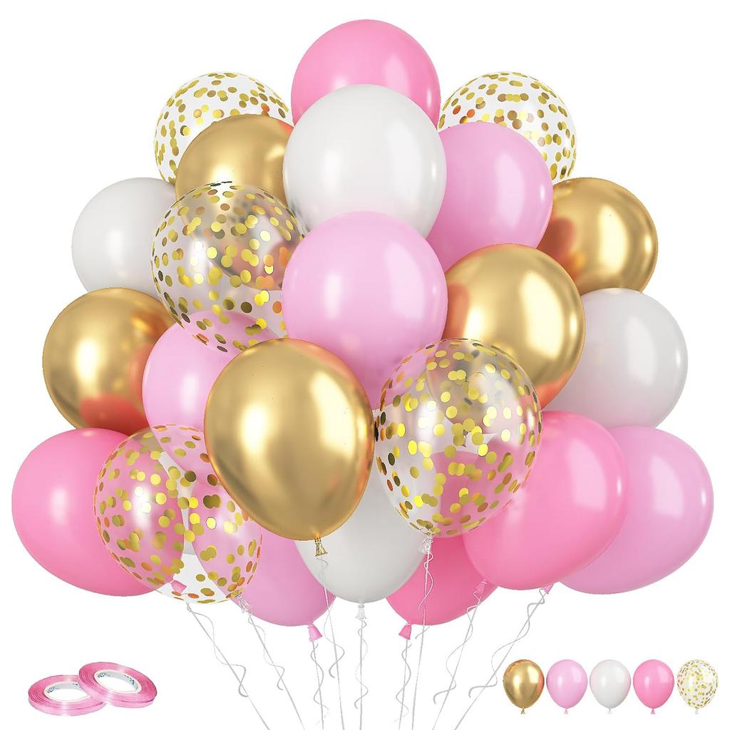 Set di 60 palloncini in lattice da 12 pollici rosa blu viola oro con coriandoli, adatto per matrimoni, compleanni, feste popolari