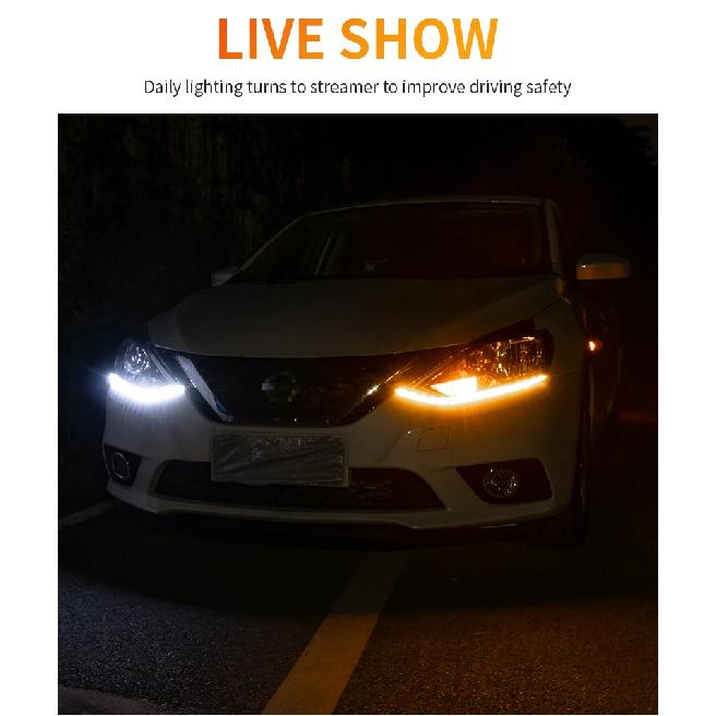 12V LED Daytime Running Light Strip Flexible Waterproof Headlight Turn Signal Yellow Lamp Car Decorative Driving Lights DRL 2Pcs Dome Lights 6