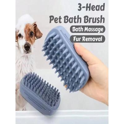 1Pc 3-Head Silicone Bath Massage Brush with Fur Removal for Cats/Dogs - Collects 96% Wet Hair During Washing - Grooming Tool