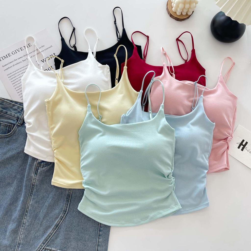 Women's Pleated Camisole: Fresh Design, Slim-Fit, with Chest Pads, Versatile for Outer or Base Layer, Summer-Perfect with Stylish Back