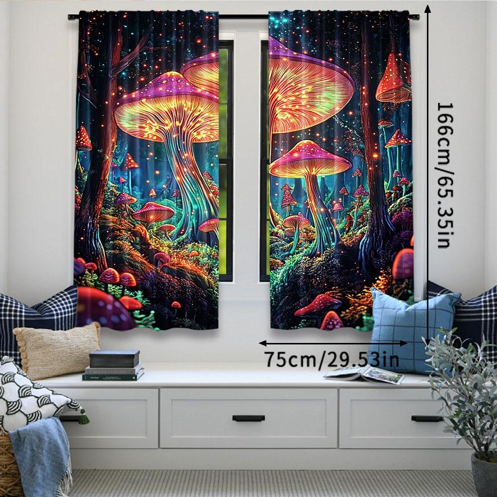 2Pcs Mushroom Curtain Boho Curtains For Cute Mushroom Mother Curtains Blue Forest Landscape Curtain For Bedroom Living Room